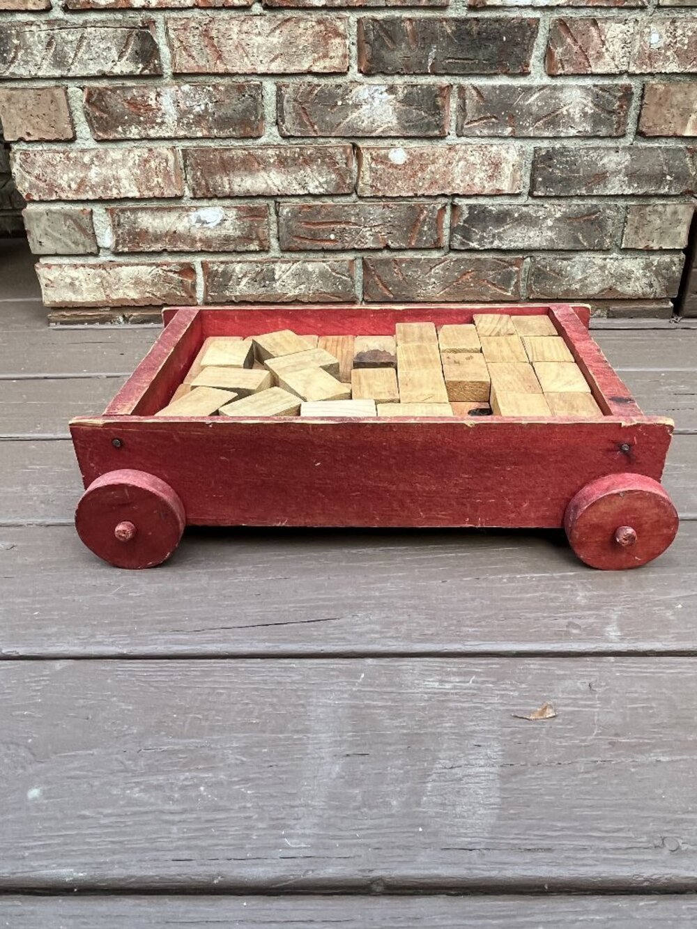 Vintage Wooden Cart With Building Blocks Montessori Waldorf Toy Red Painted Fini